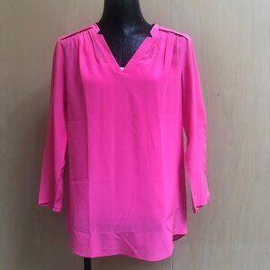 Amanda Uprichard Long-Sleeve V-Neck Ruched Pullover Fuchsia Silk Blouse - Medium
